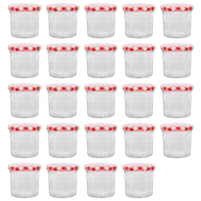 Image of Argon Tableware Glass Jam Jars with Airtight Red Gingham Lids 130ml Pack of 24 Empty Screw Top Kitchen Storage Jar for Food, Honey, Spice, Pickling, Preserving, Candle Making
