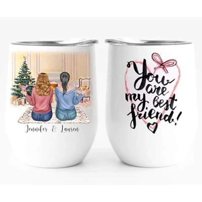 Image of EKAM Personalised Wine Tumbler for Best Friend or Sister Whisky, Coffee, Vodka Stainless Steel Metal 12oz Glass with Lid, Friendship Gift BFF Birthday Her