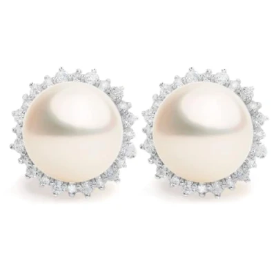 Image of Women Pearl Stud Earrings, Fresh Water Cultured Pearls Button Shape 11,5 12,00 mm with a Small Zirconia Stone Secret &amp; You Sterling Silver 925 Mounts big nuts.