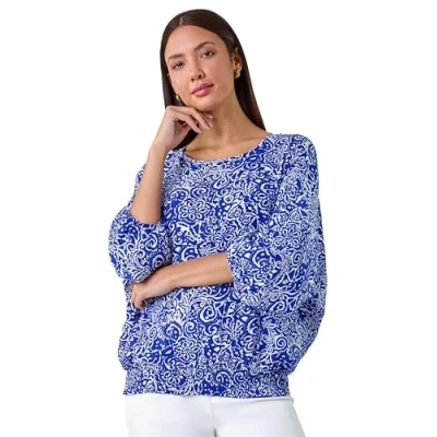 Image of Roman Originals Printed Balloon Sleeve Shirred Hem Top for Women UK Ladies Everyday Holiday Spring Summer Round Neckline Comfy Soft Evening Vacation Work Party Blue Size L