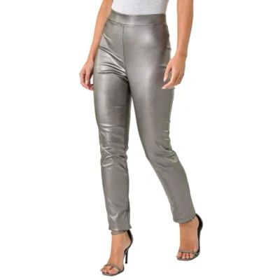 Image of Roman Originals Faux Leather Trousers for Women UK Ladies PU Mat Legging Jegging Pants High Waisted Pull On Waterproof Wet Latex Imitation Stretchy Jeans Tight Slimming Silver Size 12