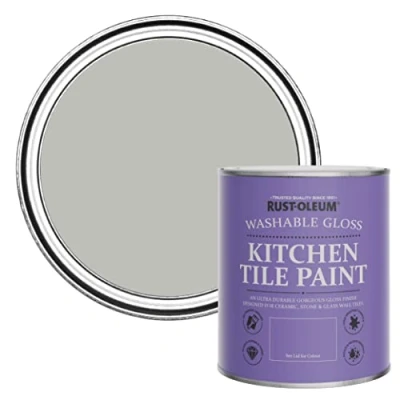 Image of Rust Oleum Grey Water Resistant Kitchen Tile Paint in Gloss Finish Flint 750ml