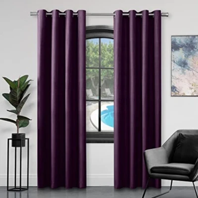 Image of GC GAVENO CAVAILIA Faux Silk Eyelet Curtains For Living Room, 100% Polyester Ring Top Fully Lined Drapes, Aubergine, 66x90 Inch
