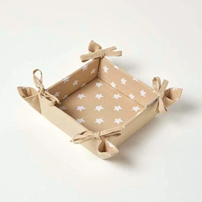 Image of HOMESCAPES Reversible Bread Basket Double Design Fabric Stars Beige Foldable for Buns Eggs Baked Goods 100% Cotton Cover