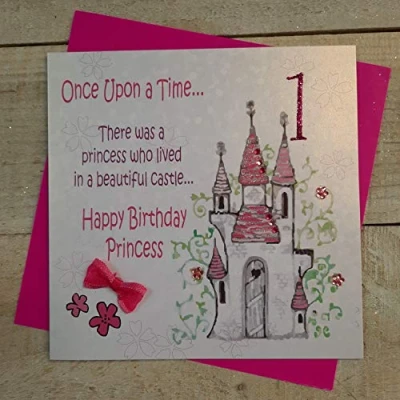 Image of white cotton cards Once Upon A Time…Happy Princess 1, Handmade 1st Birthday Card (Castle)
