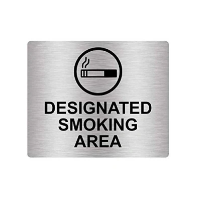 Image of Designated Smoking Area Sign Adhesive Sticker Notice, Metallic SILVER Engraved Black with Universal Icon Symbol and Text (Size 120mm x 100mm) (Silver)