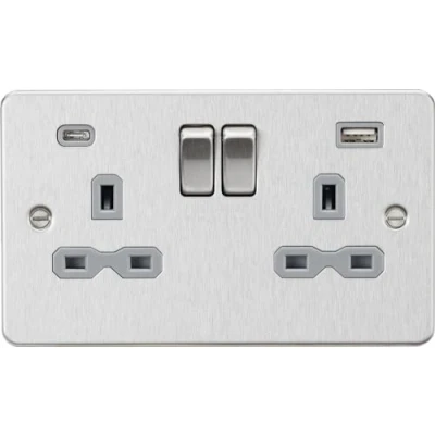 Image of KnightsBridge 13A 2G SP Flat Plate Switched Socket with Dual USB A+C Brushed Chrome, Grey Insert