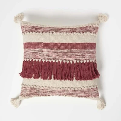 Image of HOMESCAPES Handwoven Kilim Cushion Red &amp; Cream 100% Cotton Wool with Tassels Traditional Authentic Design Super Microfibre Insert 45 x cm