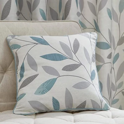 Image of Fusion Duck Egg Blue Floral Leaf Cushion (43 x 43cm) 100% Cotton Filling Included Piped Edge Matching Curtains Available with Cover Included/Cushion Insert