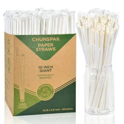 Image of Disposable Paper Straws, Individually Wrapped, 26 x 0.8 cm, Plain White, for Drinks and Smoothies Pack of 300
