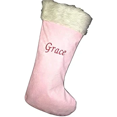 Image of RED VELVET Pink personalised Christmas stockings, 7 colours, Embroidered, handmade (pink)