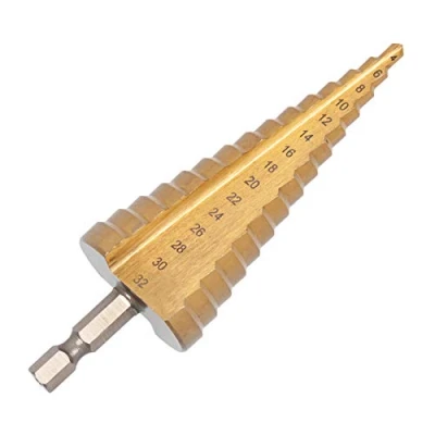 Image of UK Drills HSS Step Drill Bit Titanium Coated 4 32mm 15 Steps Set for Drilling on Hard Metal, Stainless Steel, Cast Iron