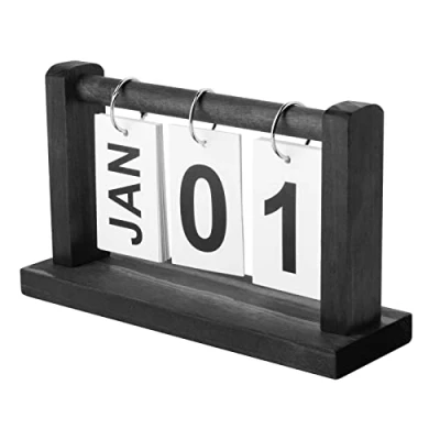 Image of Wooden Perpetual Desk Calendar,Vintage Flip Desktop Calender,Black Calendar for Home Office Wedding Accessories