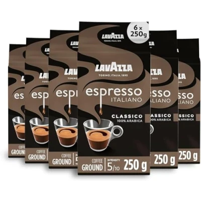Image of Lavazza, Espresso Italiano Classico, Ground Coffee, 6 Packs of 250g, Ideal for Moka Pot or Filtered Sweet &amp; Aromatic Taste, Intensity 5/10, Flowery Fruity Notes, 100% Arabica, Light Roast