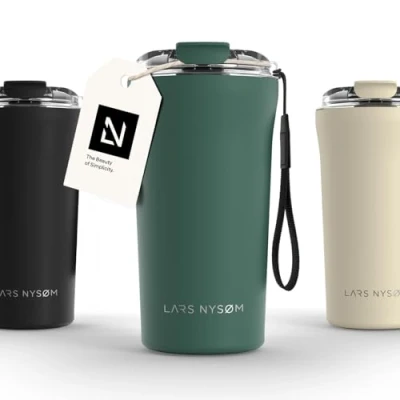 Image of LARS NYSØM Thermo Coffee Mug to Go with Strap 17oz Travel 0.5 Liter Insulation Leak Proof Stainless Steel Thermal for and Tea (Pine Green, 500ml)