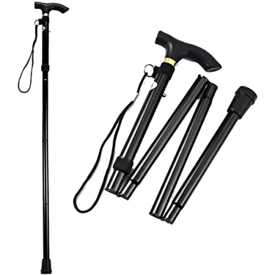 Image of Walking Stick Easy Adjustable Height Folding Extendable Cane Aid Mobility Collapsible Lightweight Flexible And Durable HTUK (Black)