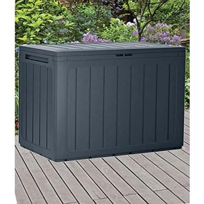 Image of URBNLIVING Anthracite 190L Wood Design Outdoor Storage Box Garden Patio Plastic Chest Lid (Vertical Stripes, Pack of Two)