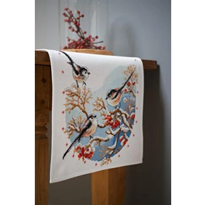 Image of Vervaco Counted Cross Stitch Kit: Runner: Long Tailed Tits &amp; Red Berries, Cotton, NA, 32 x 84cm