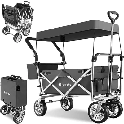 Image of TecTake® Foldable Garden Trolley Cart for Camping, Shopping and Beach Festivals, Heavy 80 kg Load, includes Canopy, Steel Frame, Pockets, Carry Bag Brakes. A Hand Truck or Wagon Travel Grey