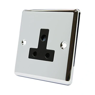 Image of Polished Chrome Classical Round Pin 5 Amp Socket Black Insert 1 Gang Unswitched Plug