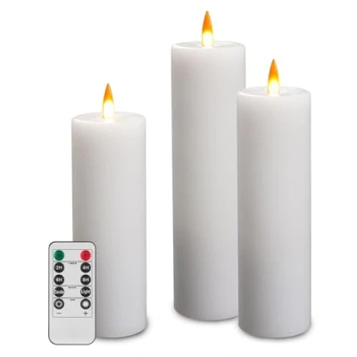 Image of Da by LED Candle Set of 3, White, Paraffin Wax, Realistic Flame, Remote Control, Battery Operated, 16cm H, 5.5cm W, 2cm D, 300hr Life, Indoor Use