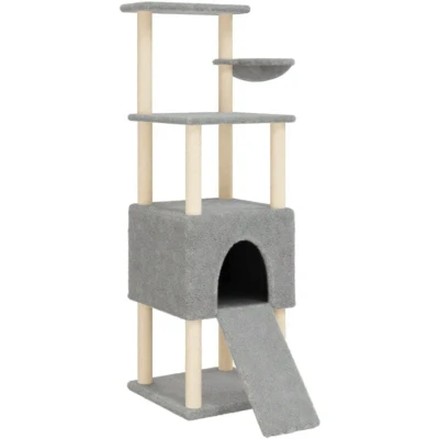 Image of &quot;vidaXL Cat Tree with Sisal Scratching Posts Multi Level Tower Shelter, Ladder, Basket, Platforms Scratch Resistant Plush Material Light Grey&quot;