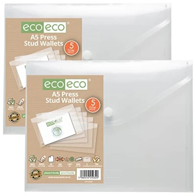 Image of eco A5 50% Recycled Clear Transparent Press Stud Popper Wallet, Plastic Folders (Pack of 10), eco032x2