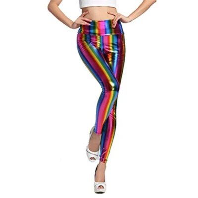 Image of Fioeyr Ladies 80s Retro Metallic Shiny Wet Look Leggings Adult Disco Fancy Dress Costume Womens Outfit Pants