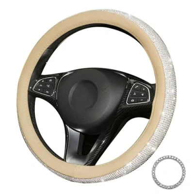 Image of Pahajim Car Steering Wheel Covers with Sparkly Diamond,Glitter Diamante Cover Bling Accessories for Women Ladies (beige white)