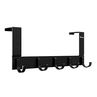 Image of Anjuer Over the Door Coat Clothes Hanger Rack 5 Hooks for Bedroom Bathroom Kitchen Door, Towels Hats Robes Keys Handbags Accessories, Aluminum Alloy Black