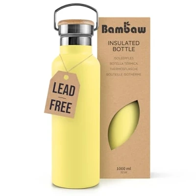Image of Bambaw Insulated Water Bottle 1l, Yellow Bottle, Stainless Steel Leakproof Thermal 1l Metal Beam