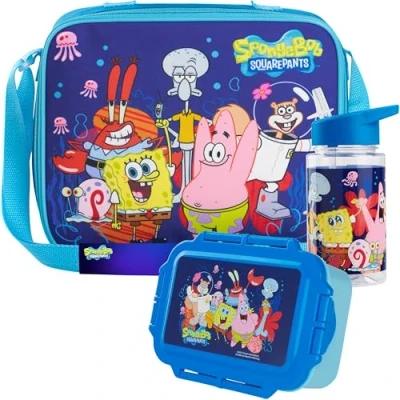 Image of Get Trend Spongebob Squarepants Water Bottle Lunch Bag and Box Kids Set 3 Pcs School Supplies Bento Snack BPA Free Leakproof for Travel (Blue Spongebob)