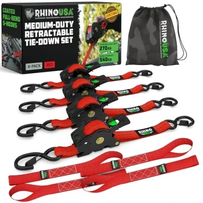 Image of Rhino USA Retractable Ratchet Tie Down Straps (4PK) 540kg Guaranteed Max Break Strength, Includes (4) Ultimate 2.5 cm x 3 m Autoretract Downs with Padded Handles Red