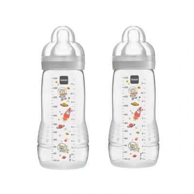 Image of MAM Easy Active Baby Bottle with Fast Flow Teats Size 3, Twin Pack of Bottles, Feeding, 330 ml, Grey (Designs May Vary)