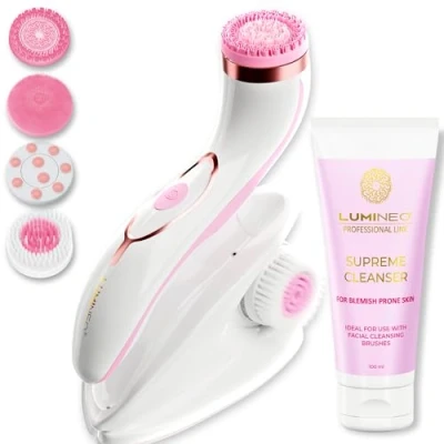 Image of Lumineo PRO deep Facial Cleansing, face Brush with 4 attachments, Medical Silicone, USB C, IPX6 Waterproof, Cleansing Gel for Acne Prone, Oily and Flaky Skin (Rose)