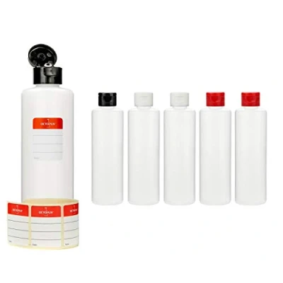 Image of Octopus 6 x 250 ml plastic bottles, HDPE bottles with colorful flip top cap, empty hinged round incl. labels