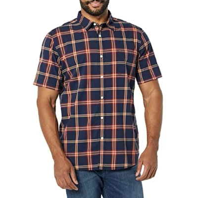 Image of Amazon Essentials Men&#039;s Slim Fit Short Sleeve Poplin Shirt, Navy Red Plaid, XXL