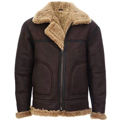 Image of Mens Vintage Brown Ginger B3 Sheepskin Aviator Flying Leather Jacket 3XL
