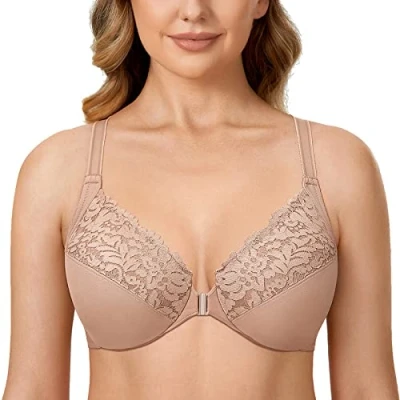 Image of Delimira Women&#039;s Front Fastening Bra Racer Back Lace Plus Size Non Padded Underwired Pearl Champagne 44DD