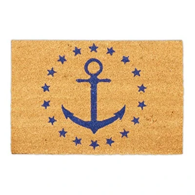 Image of Relaxdays Nautical Anchor Stars Doormat, 40x60 cm, Door Mat Inside &amp; Outside, Non Slip, Rectangular, Coir/Blue, Coco, 40 x 60 cm