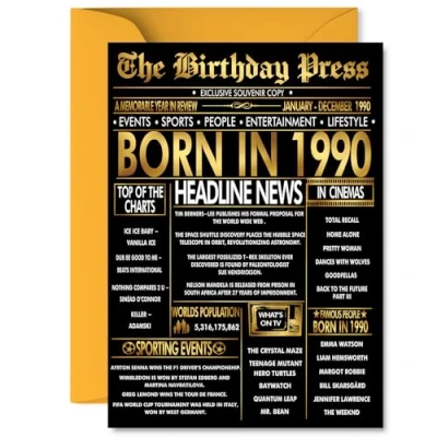 Image of Gold 35th Birthday Card for Men Women Black &amp; Golden Newspaper Born in 1990 Happy 35 Cards Dad Niece Brother Colleague Husband Friend, 5x7 Inch Bday Greeting