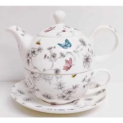 Image of Secret Garden Tea for One Fine Bone China Flowers Butterflies Bees Teapot Cup Saucer Set Hand Decorated UK