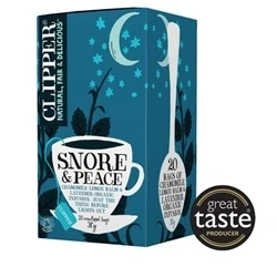 Image of Clipper Snore &amp; Peace 20 Tea Bags Unbleached, Plastic Free, Plant Based Biodegradable Organically Grown Chamomile, Lemon Balm Lavender