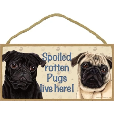 Image of Spoiled rotten Pugs live here (tan and black Pugs) wood sign plaque by SJT.
