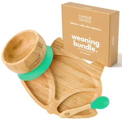 Image of Bamboo Baby Plate &amp; Bowl Weaning Set, Suction and for Feeding Weaning, Fox Plate, Toddler Spoon, Plates Babies from 6 Months (Fox, Green)
