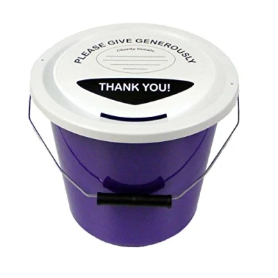 Image of 3 Charity Money Collection Buckets with Lids, Labels and Ties (5 Litres) Purple