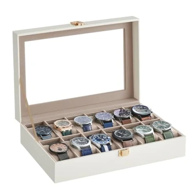 Image of SONGMICS Watch Box with 12 Slots, Case Glass Lid, Display Removable Pillows, Metal Clasp, Gift Idea, Cloud White Synthetic Leather, Cappuccino Beige Lining JWB120W01