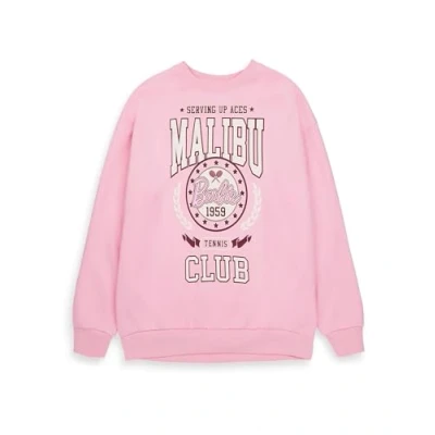 Image of Barbie Womens Sweatshirt in Pink Ladies Malibu Tennis Club 1959 Long Sleeve Graphic Jumper Sports Crest Vintage Style Fashion Crewneck Sweater Doll Movie Apparel Merchandise Gift for Her
