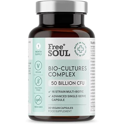 Image of Free Soul 50 Billion CFU Pro Bio Cultures Complex with 16 Live Strains Advanced Single Capsule Serving Multi Strain Formula Vegan Digestive Enzyme Supplement for Gut Health 30 Capsules