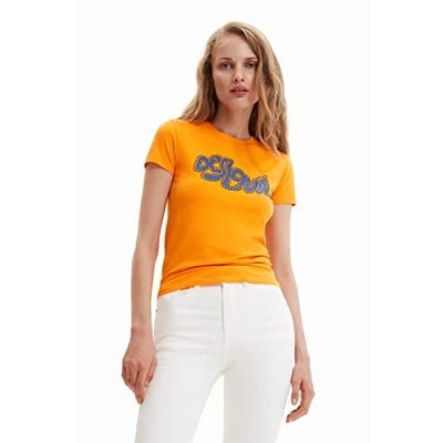 Image of Desigual Barcelona Tshirt with Rhinestone Logo 23SWTK31 Orange